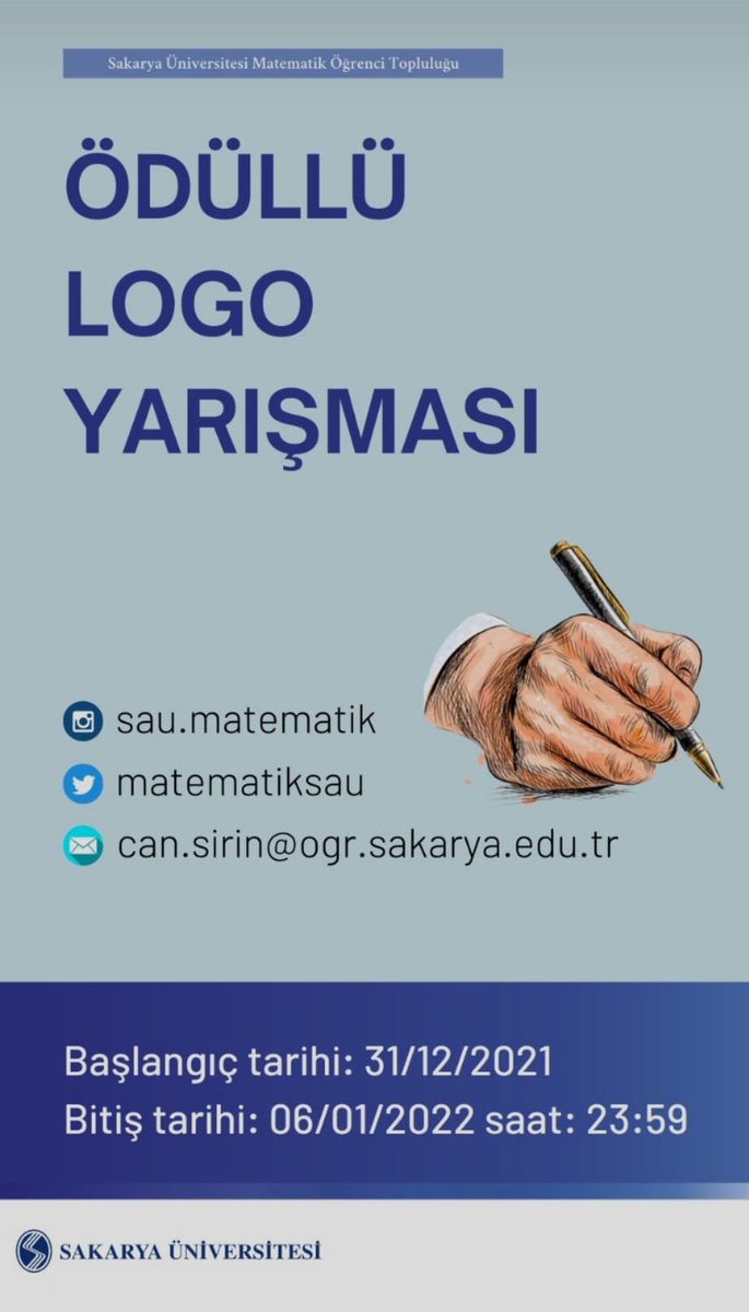 Saü Matematik Topluluğu olarak logomuzu yeniliyoruz. Siz de aklınızda ki logo fikirlerini en geç 6 Ocak 2022 Perşembe Saat 23.59 a kadar aşağıda ki mail adresine göndererek yarışmaya katılabilirsiniz.

can.sirin@ogr.sakarya.edu.tr