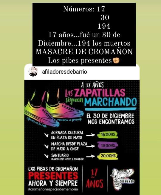 afiladores's tweet photo. Números: 17
                    30
                   194
17 años...fué un 30 de Diciembre...194 los muertos
MASACRE DE CROMAÑON
Los pibes presentes✊ https://t.co/Q8OMyg472v
