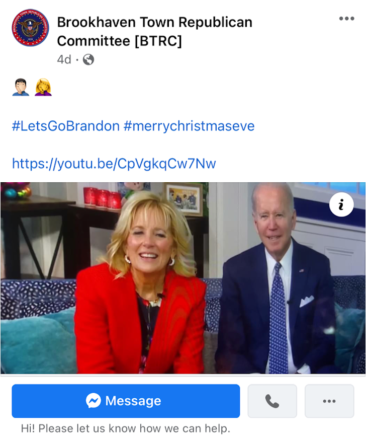 This is the leadership of the Brookhaven Republican Party posting a childish and repulsive insult toward our President across social media. Leadership at its finest. 

What's even more ridiculous is directly next to it they wish their followers a Merry Christmas. 

Classless.