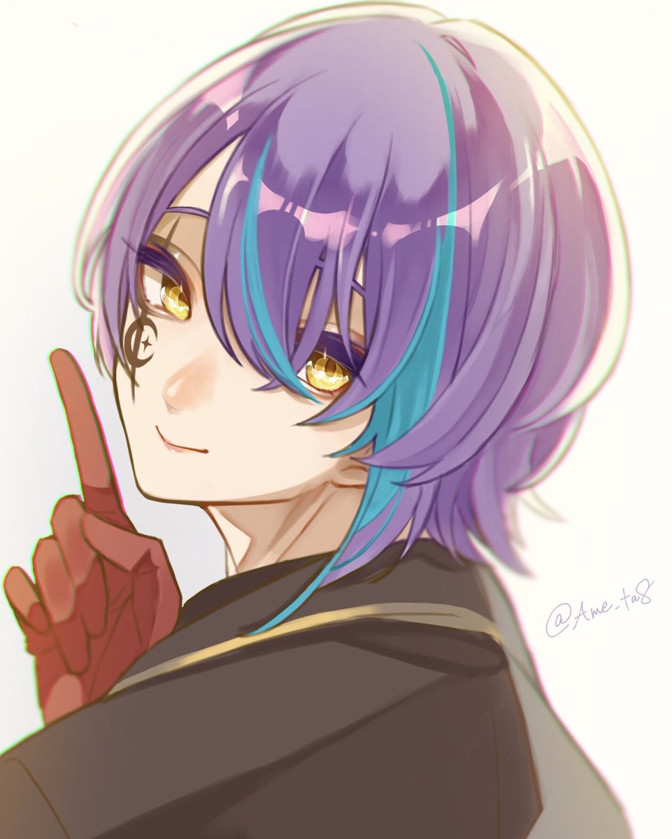 1boy male focus yellow eyes solo gloves purple hair looking at viewer  illustration images