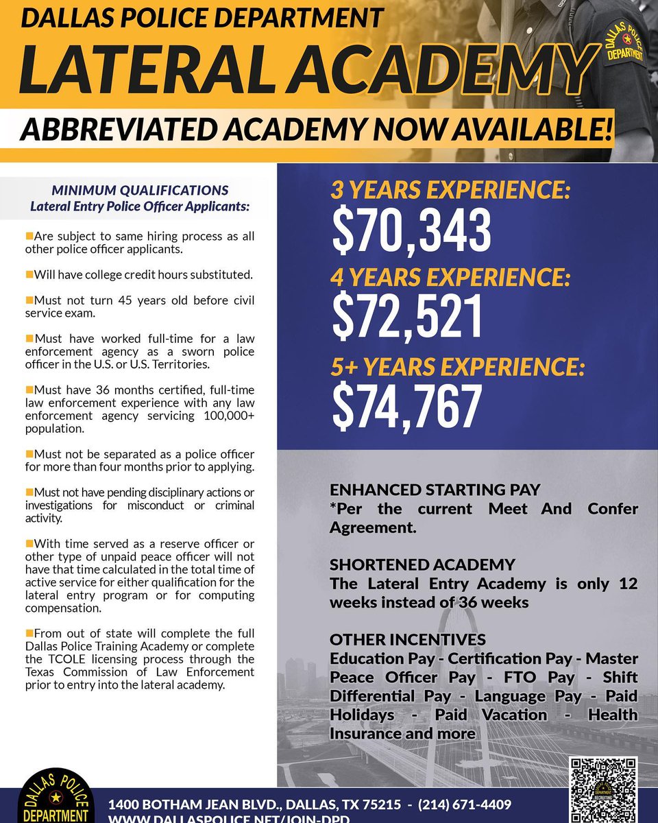 DallasPD's tweet photo. Are you a Police Officer looking to move to Dallas, Texas? @DallasPD is now hiring Laterals. Salary Range from $70,343 to $74,767 depending on qualifications &amp; experience. See below for contact info. #NewYork #Chicago #Austin #Houston #ElPaso #CorpusChristi #Edingburg https://t.co/6KRpgzsGvZ