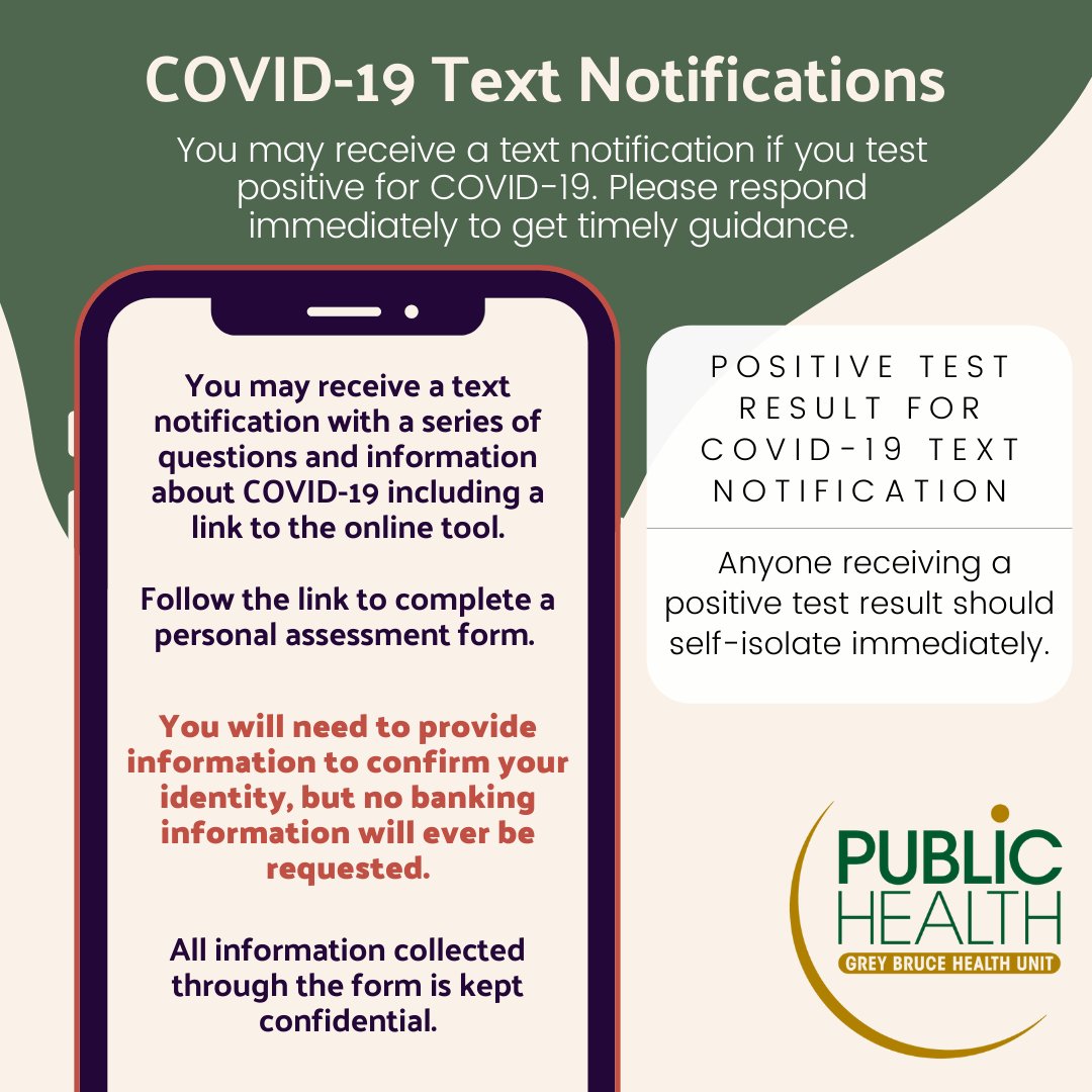 GBPublicHealth's tweet photo. The Grey Bruce Health Unit is utilizing an automated text messaging system and the provincial online Virtual Assessment tool to follow up with people who test positive and have a listed mobile contact number. 

News Release: https://t.co/eLPgdPHRmV https://t.co/MnbXyCoPgh
