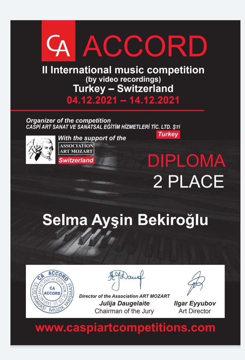 Piyano dalında Uluslararası bir başarı daha 🌟 🌟 
14.12.2021 tarihinde İsviçre’de düzenlenen Uluslararası müzik yarışmasında piyano dalında ödül alan 7. sınıf öğrencilerimizden Selma Ayşin  Bekiroğlu’nu tebrik eder, başarılarının devamını dileriz