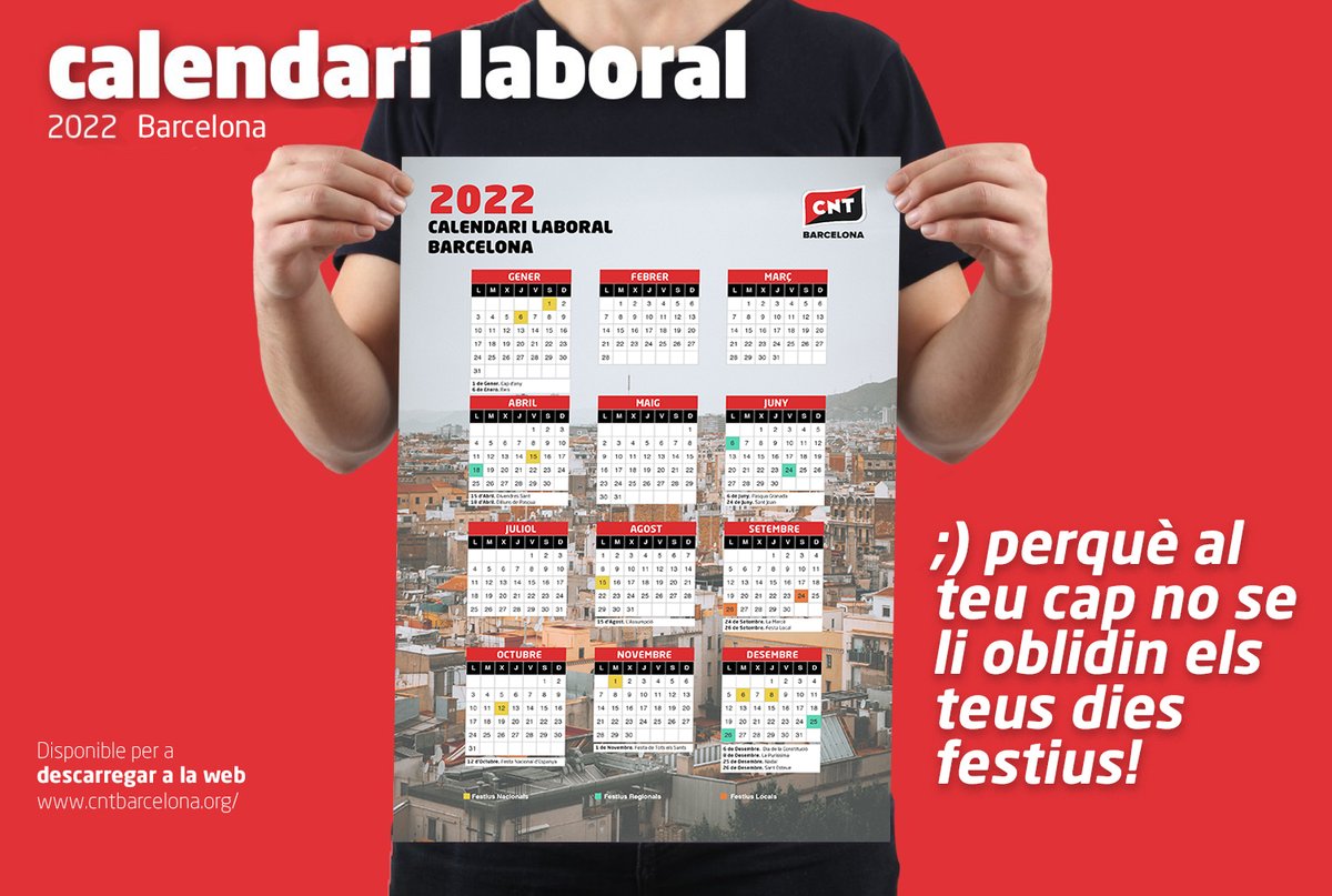🗓️CALENDARI SINDICAL 2022 | Perquè al teu cap no se li oblidin els teus dies festius! ;) 

El calendari laboral de Barcelona 2022 disponible per a descarregar en PDF al nostre web:  👉cntbarcelona.org/descarrega-el-…