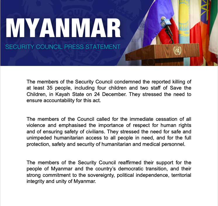 KenRoth's tweet photo. A rare and important UN Security Council statement on Myanmar, condemning the junta's killing of 35 civilians including 2 Save the Children staff, pressing for accountability, insisting on humanitarian access/protection for humanitarian/medical personnel. https://t.co/lj6NQoa7IG https://t.co/1hhE8wPb7K