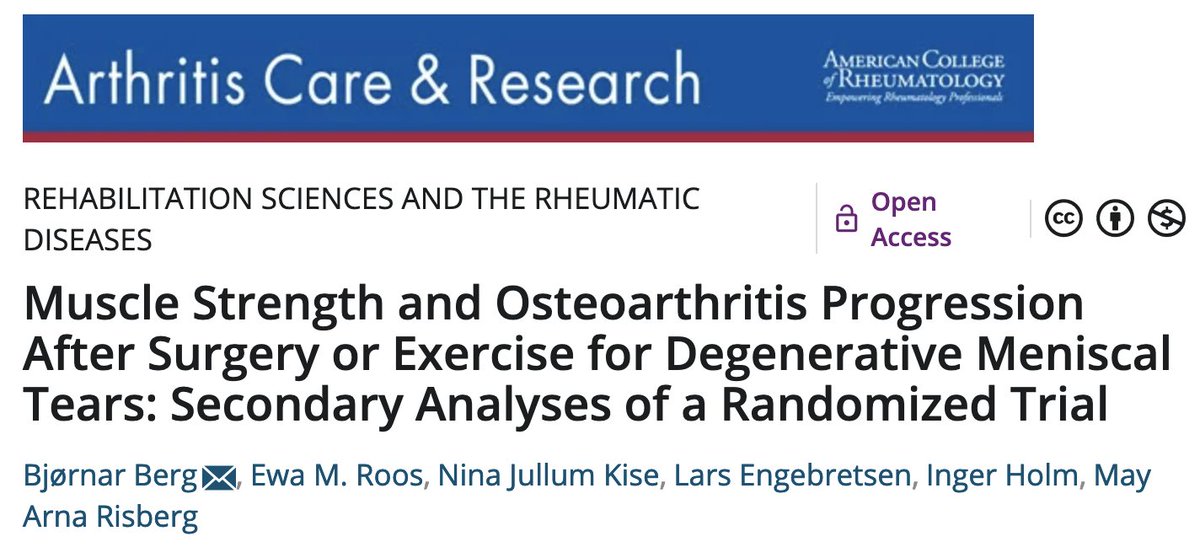 Exercise therapy improved muscle strength at 3- and 12-month follow-up compared to partial meniscectomy, but the effect was attenuated at 5 years. Q-ceps muscle weakness at baseline was associated with higher odds of osteoarthritis progression over 5 yrs doi.org/10.1002/acr.24…