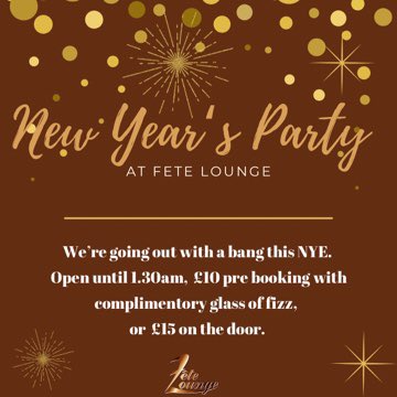 FeteLounge's tweet photo. NYE at Fete Lounge. ⭐️ 

Open until 1.30am, £10 pre booking with complimentory glass of fizz, or £15 on the door. 2 DJs rocking the night away 🥂. 
.
.
#Bar #EssexBar #Upminster #Brentwood #Cocktails #EssexCocktails #Christmas #ChristmasOpeningHours #Romford #elmpark #Billericay https://t.co/R0QIjgSkwQ