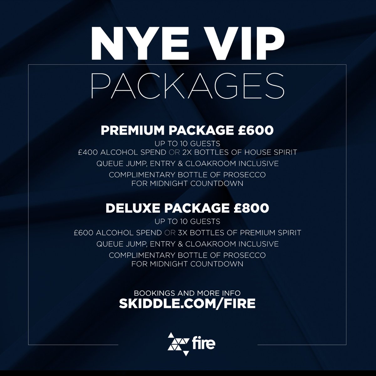 Looking for the VIP treatment this New Year's eve? 😎 

We've got some extra special packages to see in 2022 the best way 🎉 

NEW YEAR'S EVE AT FIRE - Rampage Sound w/ Crazy Cousinz, MC Creed + more 😍 

To Book + Info - skiddle.com/fire
