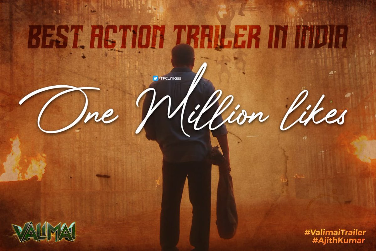 TFC_mass's tweet photo. BOOM 🔥🔉🔉🔉 

MOST Awaited #VALIMAITrailer Released &amp; Going VIRAL All Over Indian Cinema Fans 🔥🔥🔥 

Now #Valimai Trailer Crossed MILESTONE 1 MILLION Likes On @YouTubeIndia 🔥💥💥💥💥

#Ajithkumar | @SonyMusicSouth | @ZeeStudios_ | #Hvinoth | @DoneChannel1 | https://t.co/qkMcfolpmN