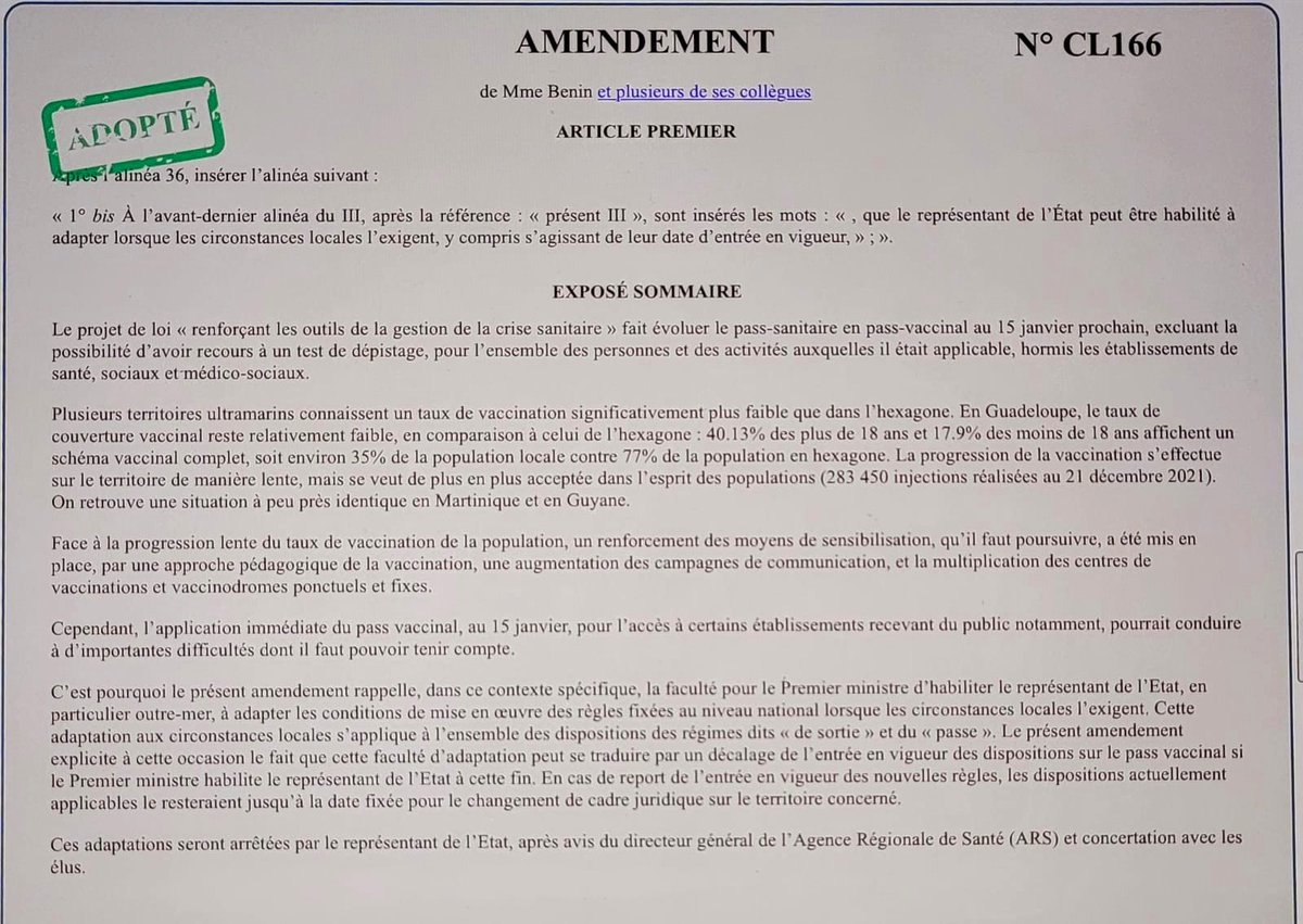 Justine_BENIN's tweet photo. #PasseVaccinal : mon amdt a été adopté en commission des Lois à  #AssembleeNationale afin de permettre des adaptations si les circonstances locales l'exigent en concertation avec les élus locaux  #outremer #Guadeloupe https://t.co/OJjqpot5iC