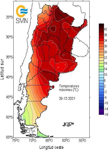 PoncheConPeron's tweet photo. Según se ve en el mapa de temperatura del SMN, este 30 de diciembre de 2021 sólo es habitable el 100% de Tierra del Fuego, el 90% de Santa Cruz y el 30% de Chubut. El resto del país es incompatible con el desarrollo humano y la felicidad de las personas. https://t.co/lGwUN9P9uu
