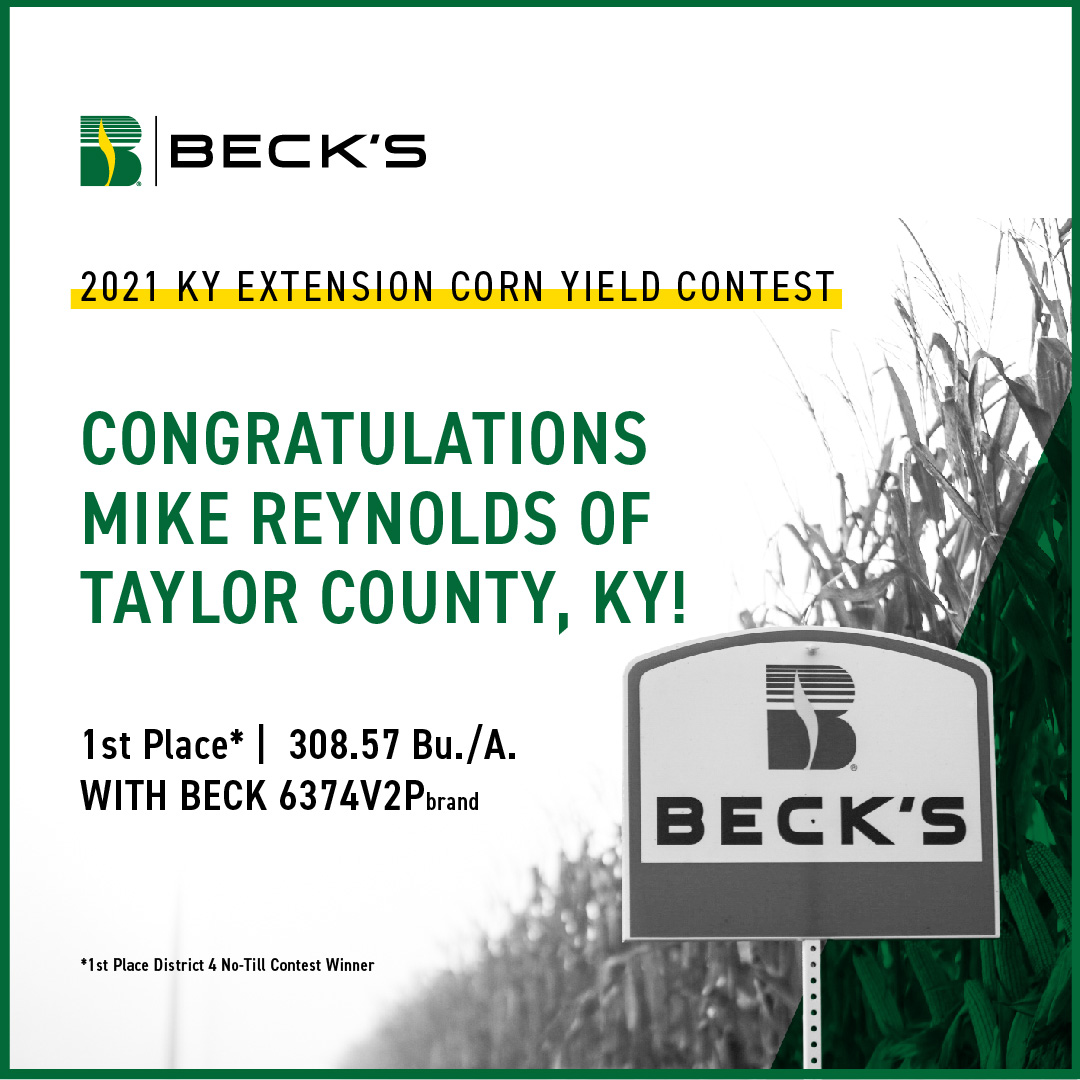 Extra! Extra! Read all about it! 📣

Mike Reynolds of Taylor County, KY, took first place (District 4 No-Till) in the 2021 KY Extension Corn Yield Contest, yielding an impressive 308.57 Bu./A. with BECK 6374V2Pbrand corn!

Congrats Mike!

#TheSignsofYield