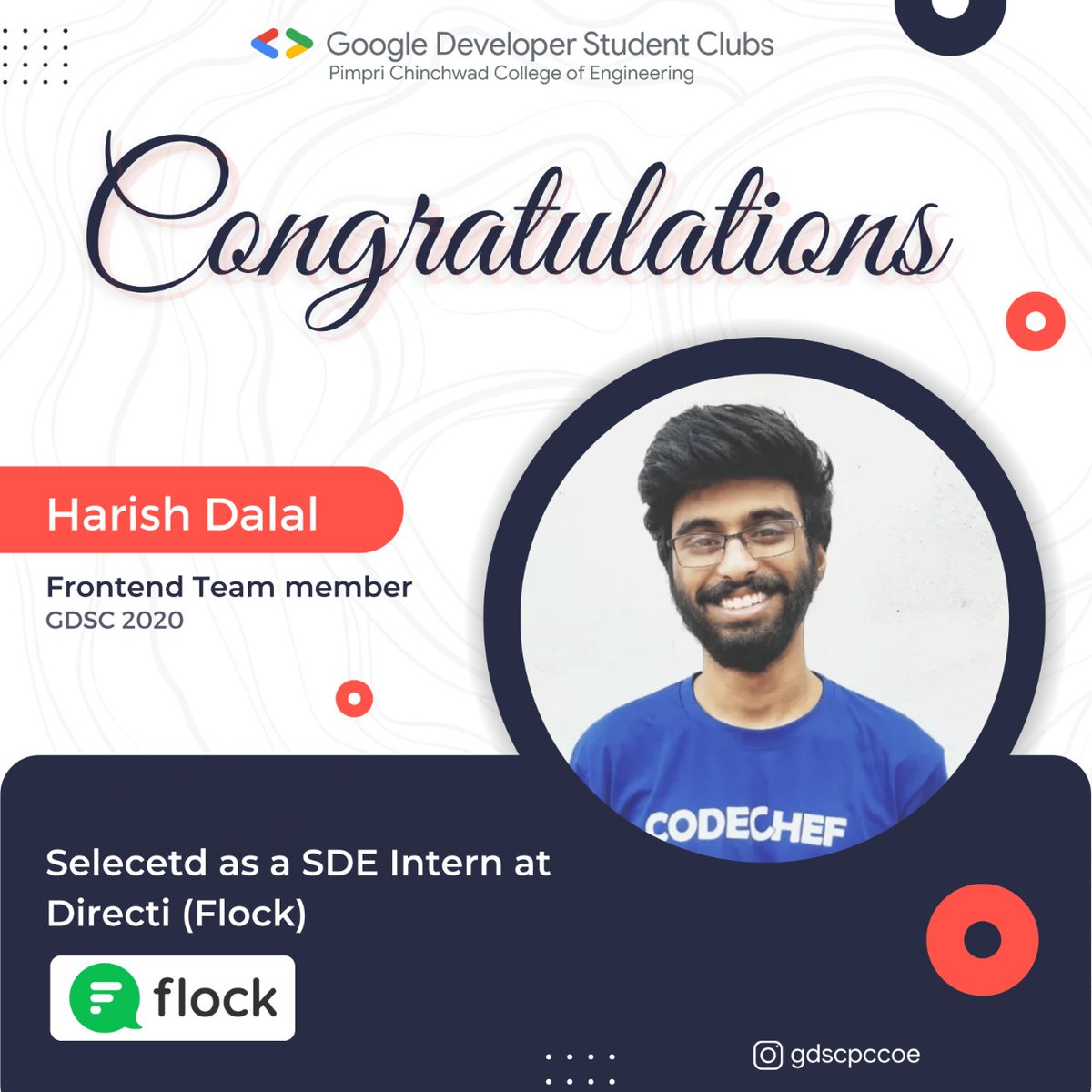 gdscpccoe's tweet photo. We are proud to announce that " Harish Dalal ", a final year student of Computer Department, has been selected as an SDE Intern at Directi ( Flock )🥳🥳
Harish, wishing you prolonged success 🤠
#flock #directi #sde #sdeintern https://t.co/WBHKt4MvKV