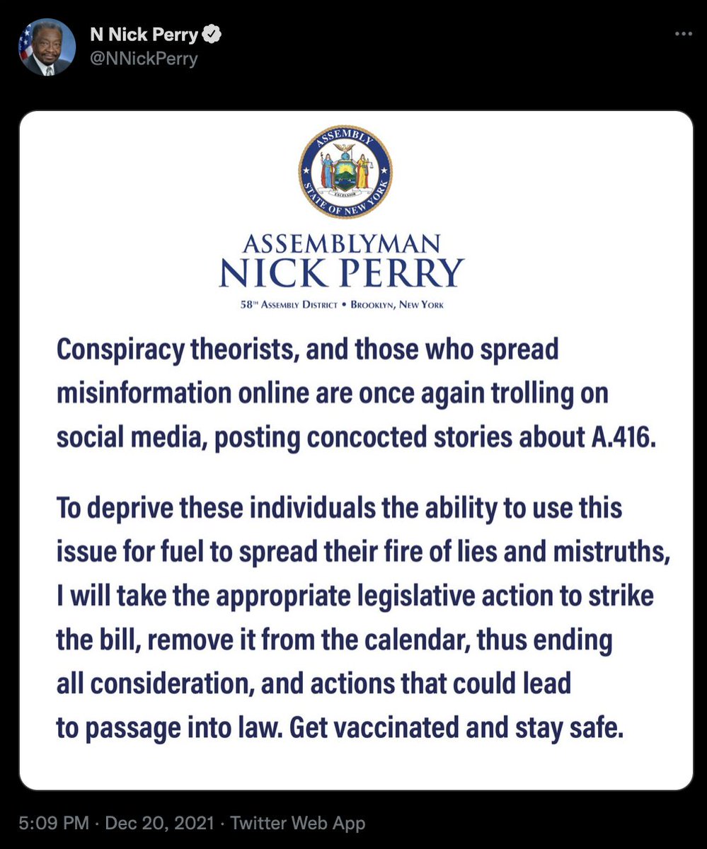 kofinas's tweet photo. It looks like New York State Assemblyman @NNickPerry withdrew Bill A416, which would have allowed for the removal and detention of anyone suspected of presenting a "significant threat to public health."
We can fully expect "the machine" to try and pass something like this again. https://t.co/5g3s1BibKU