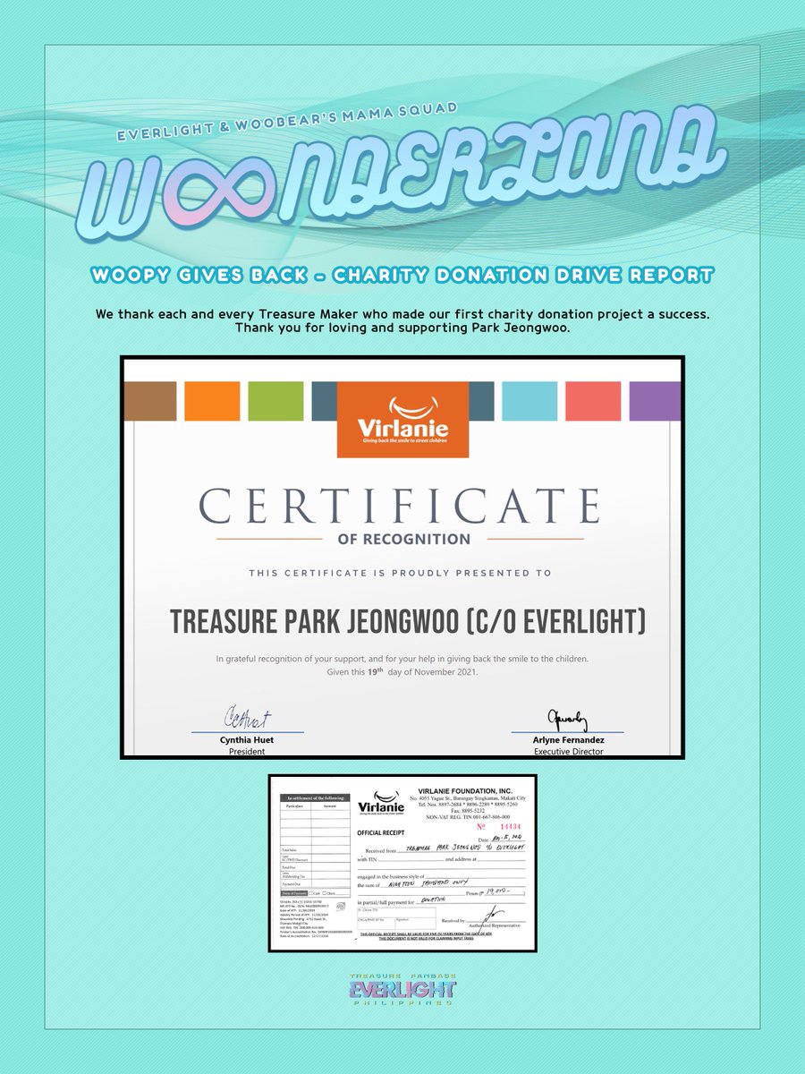 everlight0807's tweet photo. ✨ WꚘNDERLAND ✨ 
「  2021 Charity Project Report 」

We thank each &amp; every Treasure Maker who made our first charity donation project a success~! Thank you for loving &amp; supporting #ParkJeongwoo 🙇🏻‍♀️❣️

#WOONDERLAND #CosmicPandora #박정우 #트레저박정우 #TREASURE @treasuremembers https://t.co/lzcJudQpnx