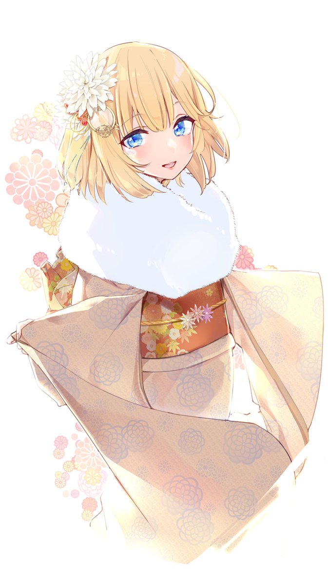 watson amelia 1girl hair ornament blonde hair blue eyes japanese clothes solo kimono  illustration images