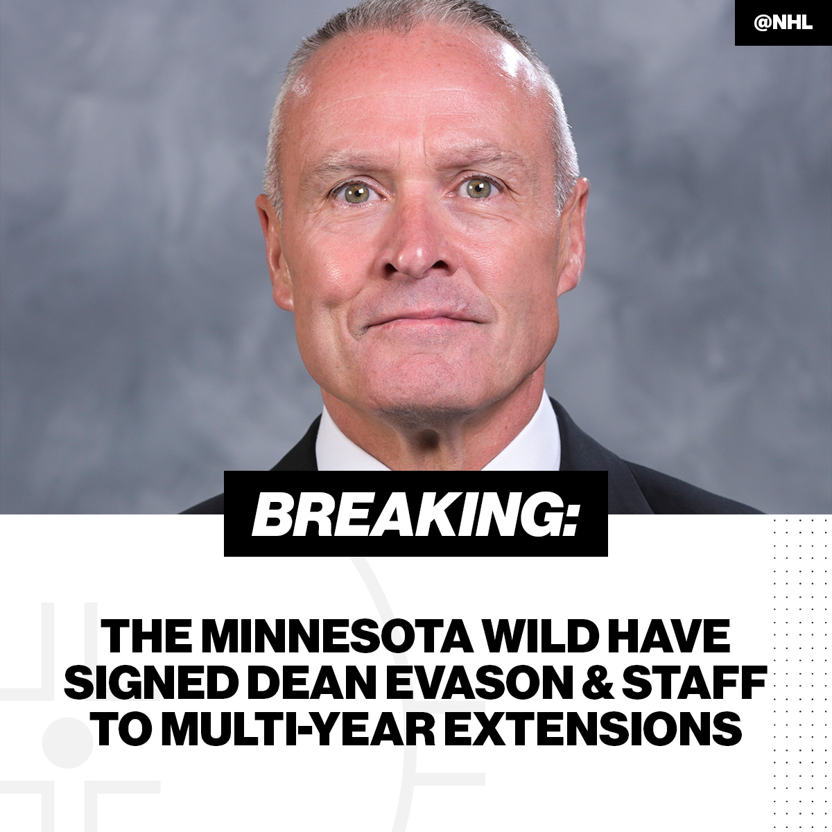 NHL's tweet photo. The @mnwild have signed Dean Evason and staff to multi-year extensions. ✍️

Catch the 2022 @Discover NHL #WinterClassic on New Year's Day at 7p ET on @NHL_on_TNT and @Sportsnet! https://t.co/dwScbhFx6i