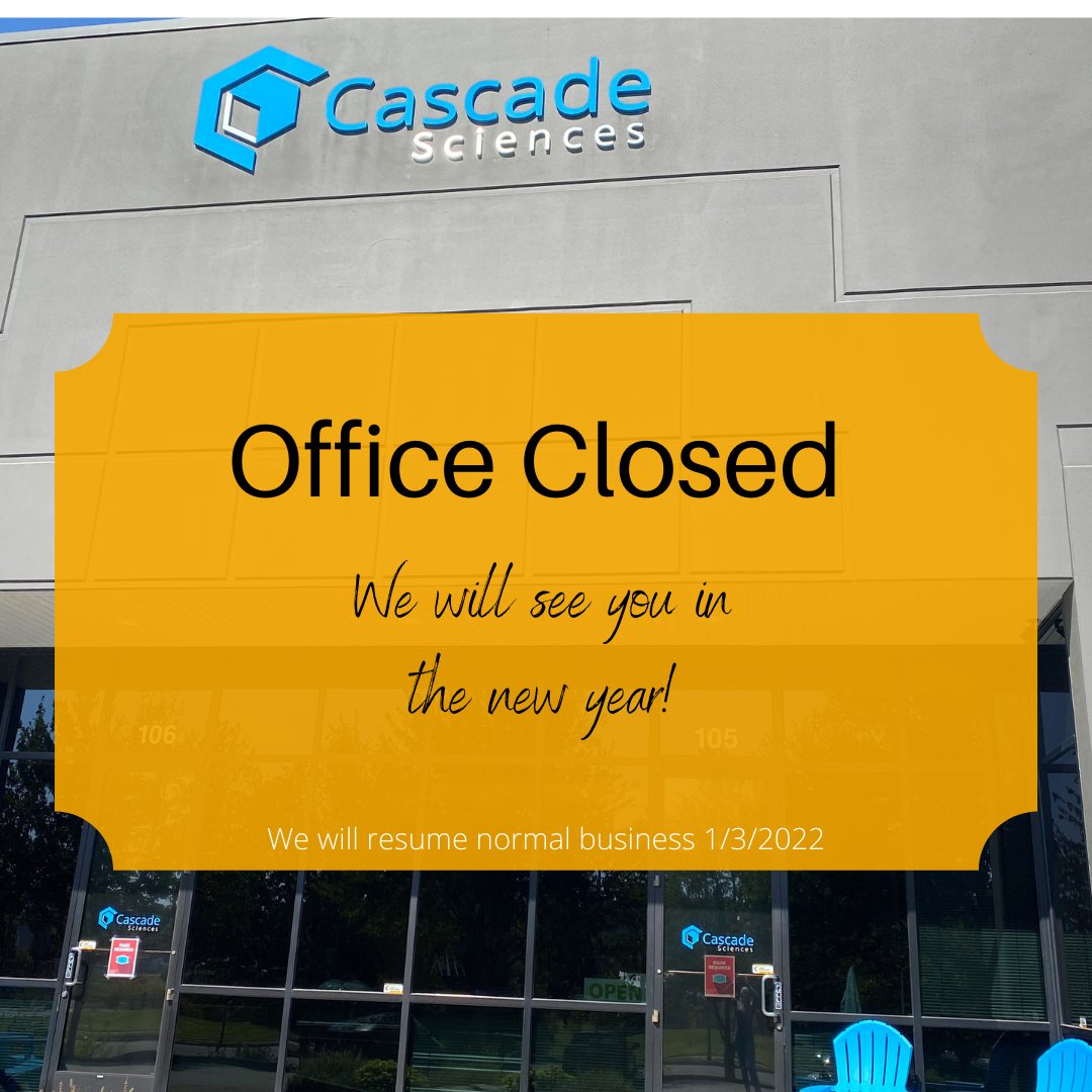 🎇 OUT OF THE OFFICE 🎇 All Cascade Sciences' locations will be closed 12/30 and 12/31. We will return on Monday January 3rd, 2022 ready to jump into the new year! 
.
.
.
#newyearnewme
#newyears
#officeclosed
#happyholidays
#teamcascadesciences