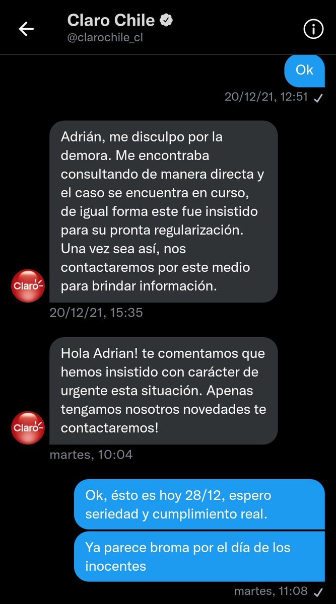 adrianlillo's tweet photo. Señores @clarochile_cl, aun espero que se contacten conmigo. Este problema lleva mas de 1 mes sin solución y más encima les debo pagar la cuenta, sino me cortan los servicios. https://t.co/X44nECzYXj