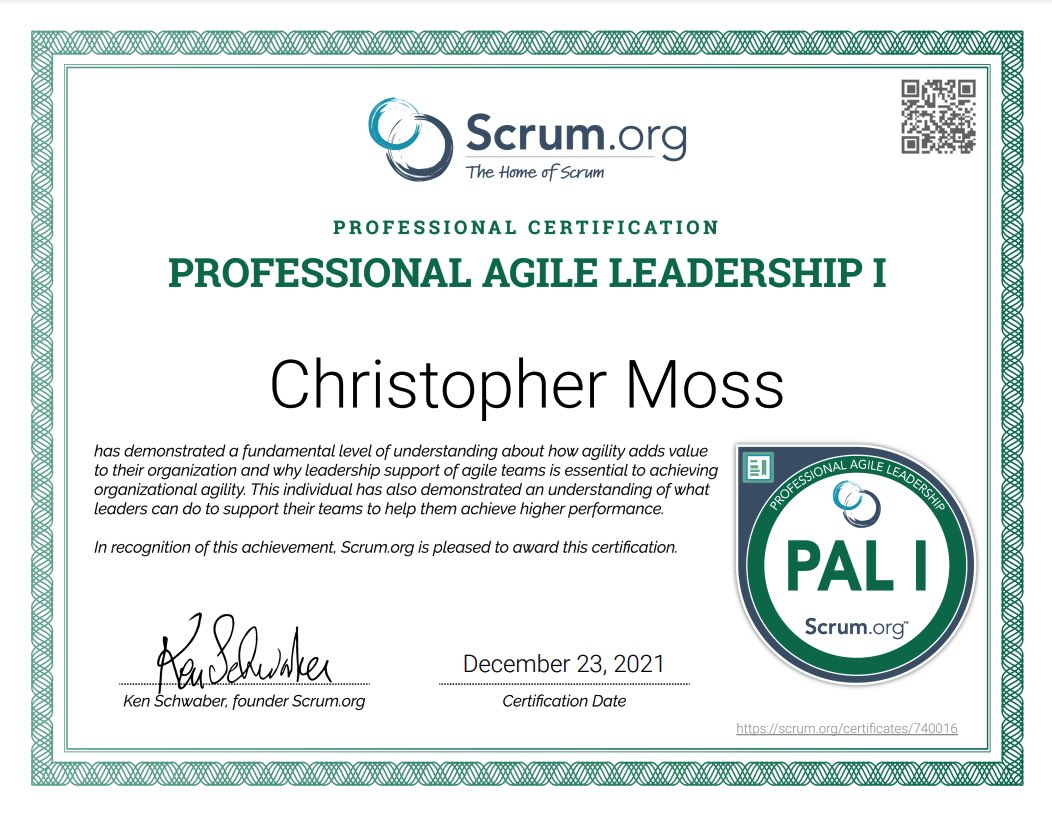 mosschrisj's tweet photo. I’ve passed both of the @Scrumdotorg Professional Agile Leadership exams 💪 #agileleadership #evidencebasedmanagement https://t.co/Os8guVL5xx