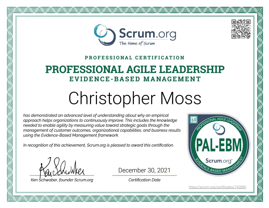 mosschrisj's tweet photo. I’ve passed both of the @Scrumdotorg Professional Agile Leadership exams 💪 #agileleadership #evidencebasedmanagement https://t.co/Os8guVL5xx