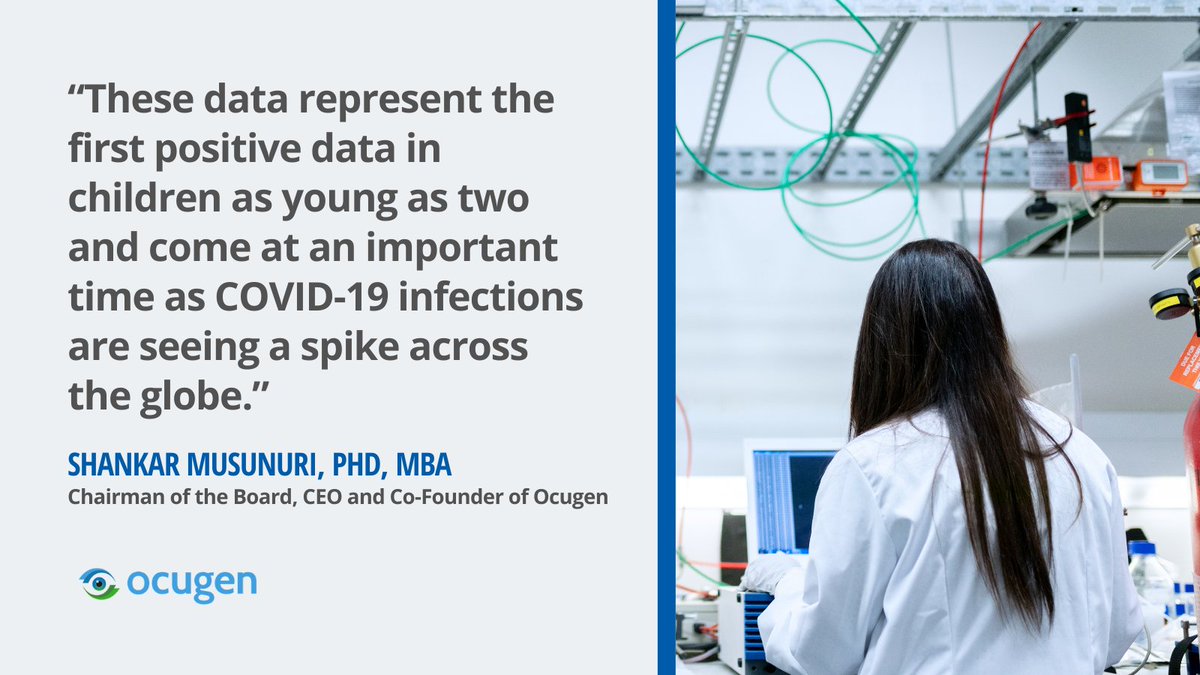 Ocugen's tweet photo. New data from our partner, @BharatBiotech, finds that our #COVID-19 vaccine candidate generates a robust neutralizing antibody response and favorable safety profile in children, aged 2 to 18. Learn more: https://t.co/y1YyMqqNRT https://t.co/NWfYLGhJsH