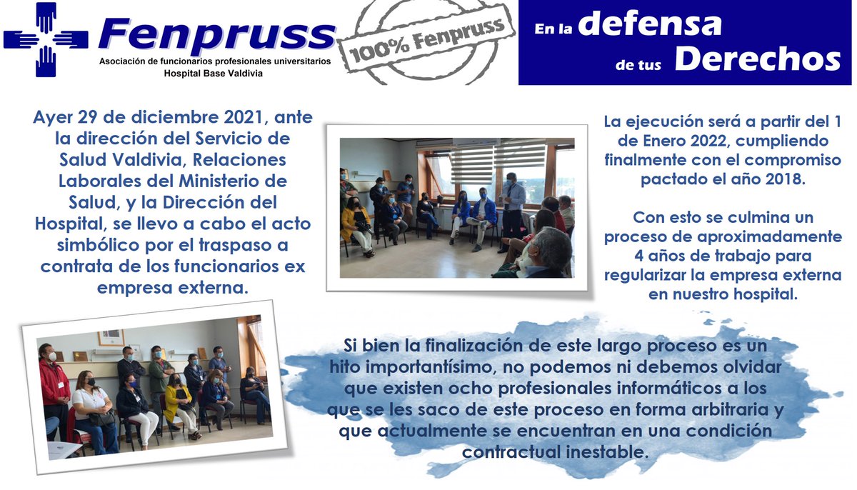 fenpruss_hbv's tweet image. Seguiremos trabajando para lograr la estabilidad de &quot;tod@s&quot;. Arbitrariamente se deja fuera a ocho profesionales importantisimos para el funcionamiento de nuestro hospital.#valdiviacl @H_BaseValdivia @Fenpruss @Matias_Colpi @casenjojerez @ssaludlosrios