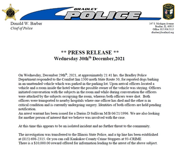 Press release from Bradley Police Department regarding the details of an officer shooting incident.