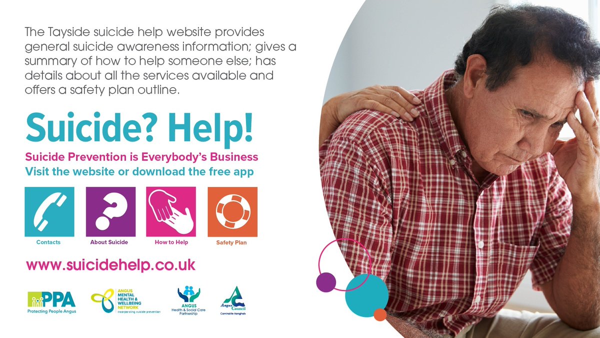 AngusCouncil's tweet photo. Suicide prevention is everybody’s business. If you are concerned about someone, visit the Tayside suicide help website or download the free App “Suicide? Help!” for information on how you can help & services available https://t.co/dWvveEb4Bd
#ProtectingPeopleAngus #AngusCares https://t.co/kaYLXvCunS