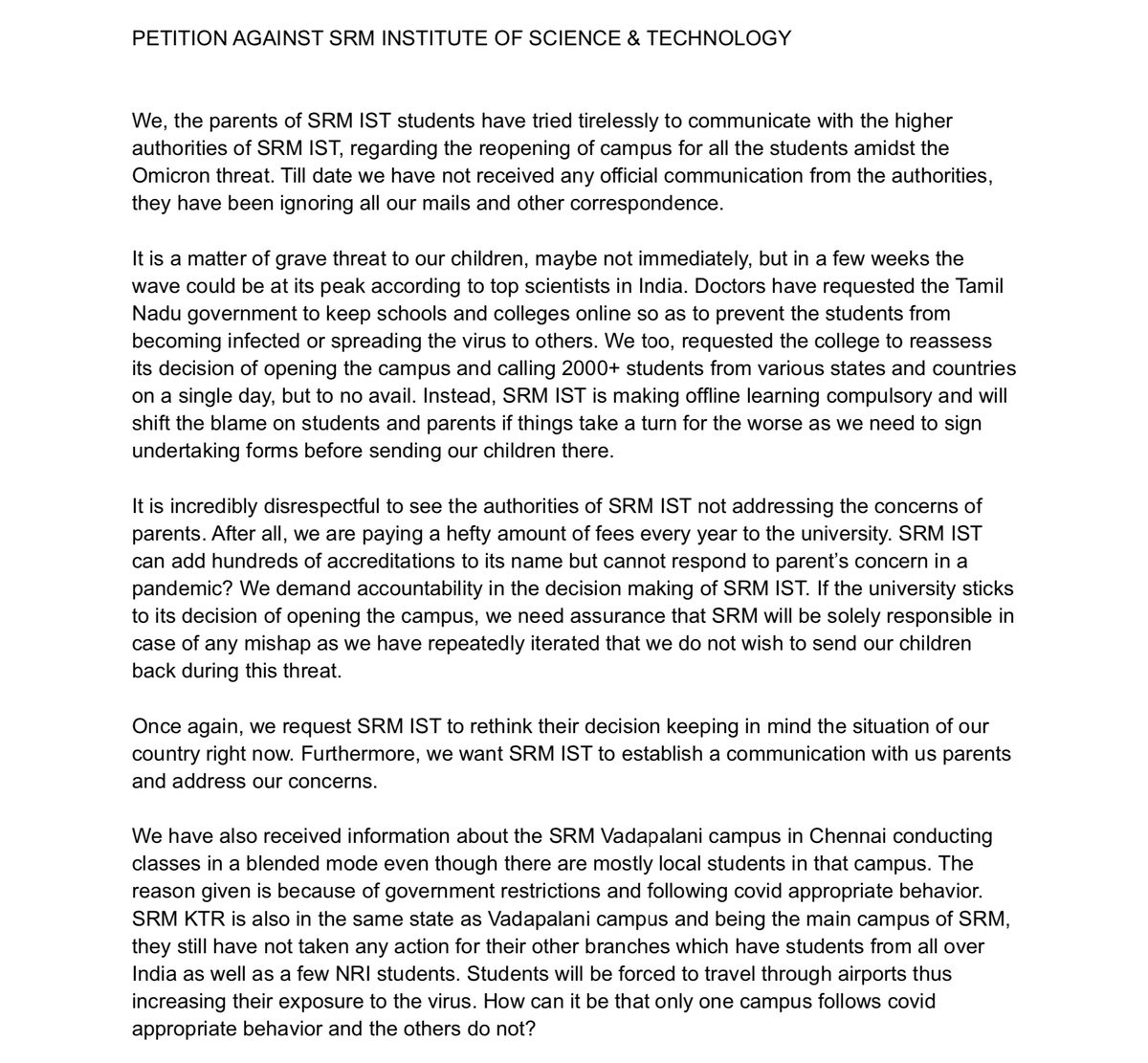 Plus_Founder's tweet photo. Parents are serious, they and the students suffered a lot of disrespect from the authorities. Let the world be aware.

#Omicron
#covid_in_SRM
#SRM_ForcingOfflineClasses
#SRM_Causing3rdWave
#SRM #srm_forcingofflineclasses #OmicronVarient #Omikron
#srm_againstStudentsLives https://t.co/SUj7dn3fyp