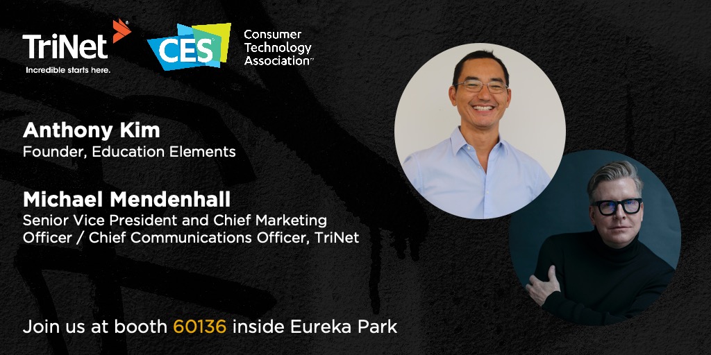 TriNet's tweet photo. This and so much more will be taking place on Wednesday, January 6 at 10 a.m. at booth #60136 inside Eureka Park at the Venetian Expo Center. Learn more here: https://t.co/ocMjxO4NYQ #TriNetcustomer #TriNetTechnology #startup #valueofaPEO #ces #vegasbound #IncredibleHR #ces2022 https://t.co/M9TIJENcTx