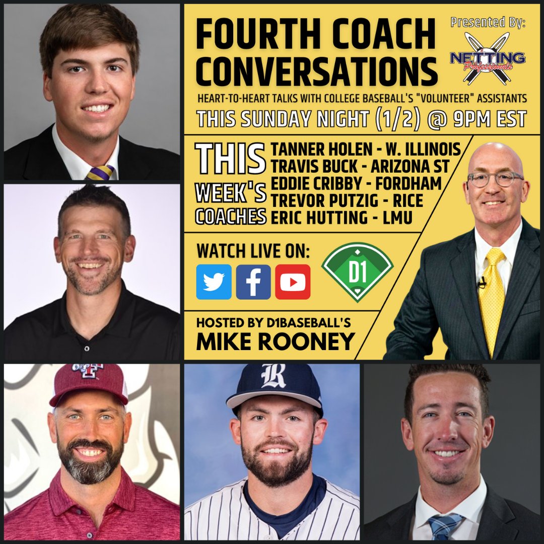 d1baseball's tweet photo. Can't Stop, Won't Stop!

This Sunday make sure to check out Fourth Coach Conversations, hosted by @Mike_Rooney and presented by @NettingPros!

Guests 👇
@TannerHolen_27 - WIU
@TBuckASU - ASU
@Cribby_Eddie - Fordham
@trevorputzig - Rice
@ehutt33 - LMU

🔗 https://t.co/xSBEAyZJGG https://t.co/P1MCkbHn4e