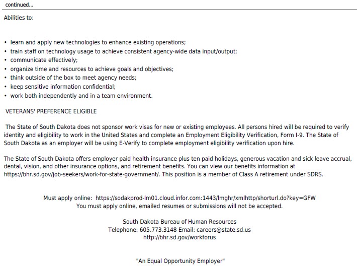 broadbandsd's tweet photo. Are you a MIS expert or want to be? Here is a great opportunity!

@SDGOED is looking to hire some talented individual to help improve their use of data through #technology The person will also help us with the ConnectSD Broadband Development Program. #Broadband https://t.co/Yyknuk3o6s