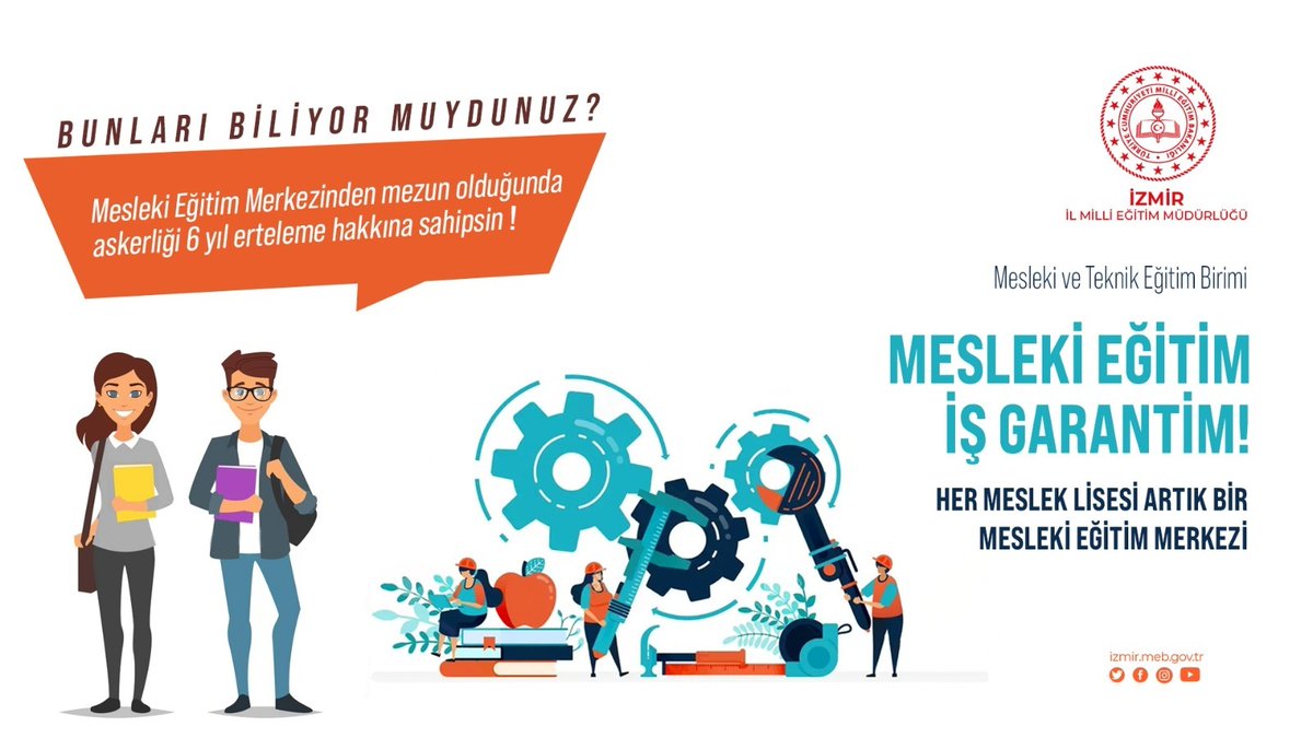 izmir_ilmem's tweet photo. MESLEKİ EĞİTİM İŞ GARANTİM

Mesleki eğitim merkezlerimiz sunduğu fırsatlarla öğrencilerini bekliyor.

@tcmeb @MucahitYentur https://t.co/Jgdnbd7hA4