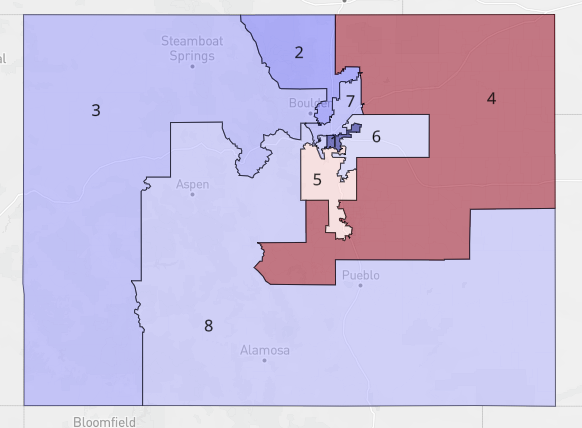 lad_map's tweet image. Had Colorado voters not passed a redistricting ballot question in 2018, democrats could have proposed this 7-1 gerrymander. All dem districts voted for Biden in 2020 by more than 10 points are trending left. However, district 5 was not won by Clinton in 2016. #ElectionTwitter