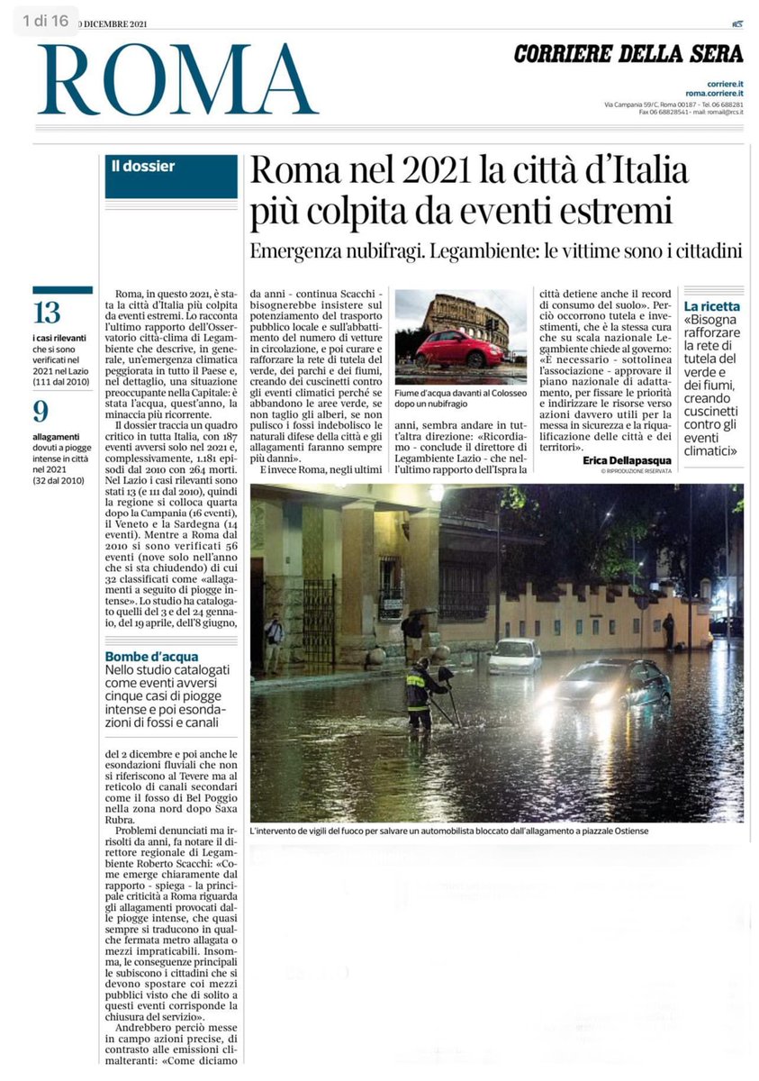 Roma nel 2021 la città più colpita da eventi estremi. Oggi sul Corriere della Sera l'articolo di Erica Dellapasqua con dati e numeri del nostro Osservatorio CittàClima facebook.com/30209577654648…