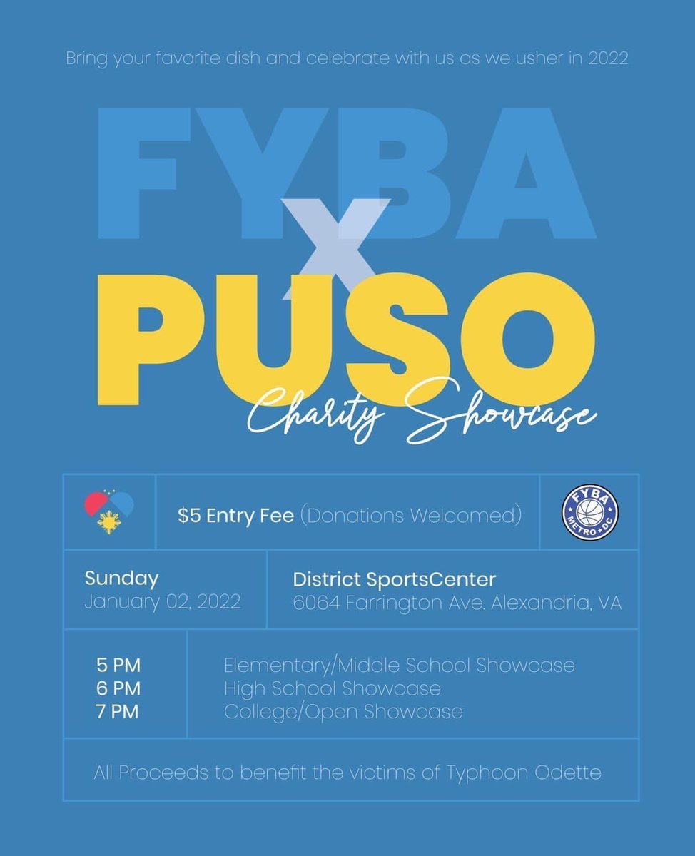 fyba1's tweet photo. Announcing the FYBA and PUSO Foundation Charity Showcase to benefit the victims of Typhone Odette in the Philippines on January 2nd at The District Sports Center.  Details below: https://t.co/xnSUeyOlR2