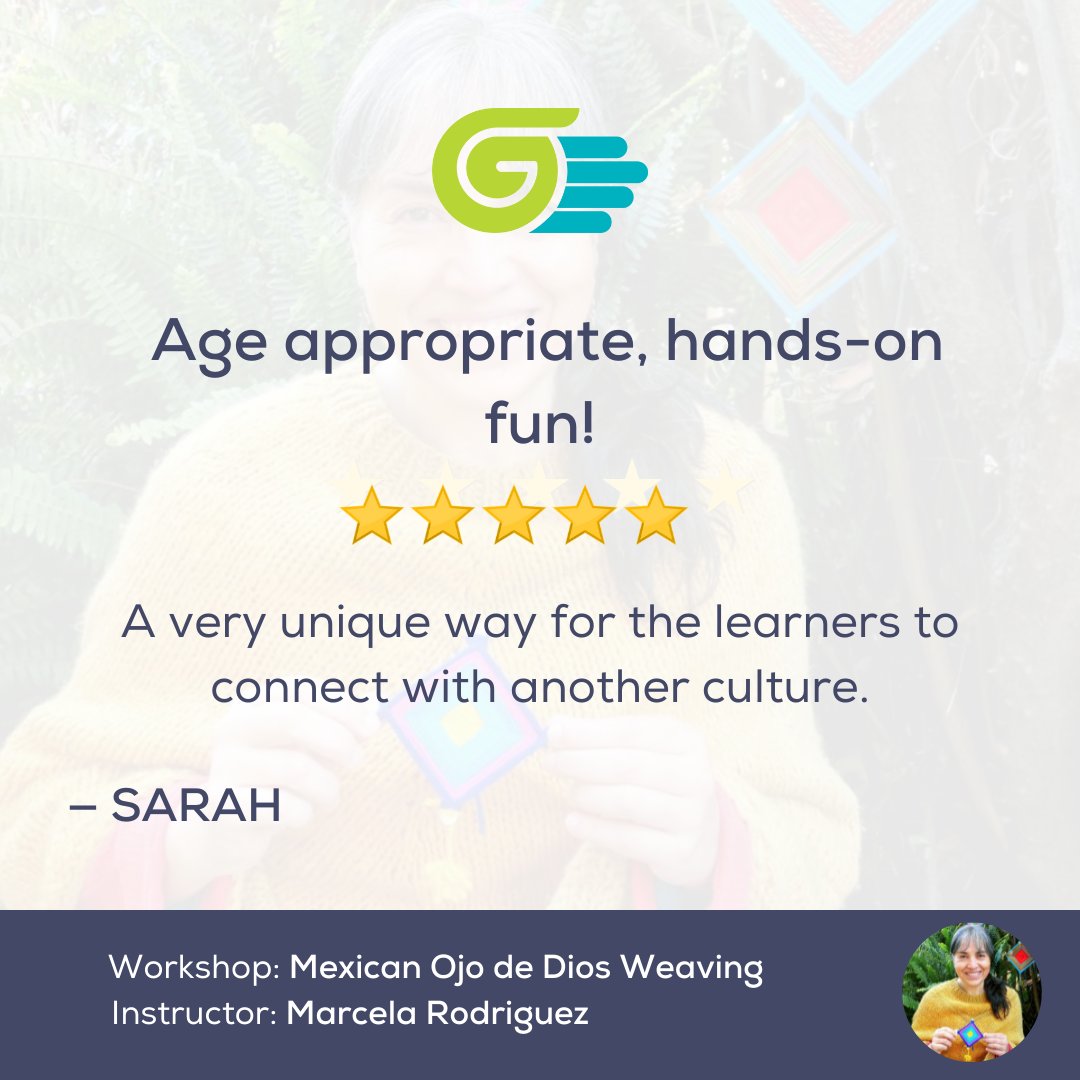 Thank you to Sarah for her five-star review of Marcela’s Mexican Ojo de Dios Workshop! ⭐🇲🇽

“The instructor was so patient and genuinely seemed to enjoy the students and their work.” Learn more: 
bit.ly/3sG50yT #Glomado