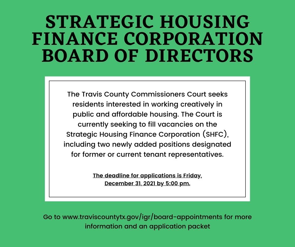 One more day to apply for the Strategic Housing Finance Corporation Board of Directors! If you are interested in working creatively in public and affordable housing send in your application by tomorrow at 5pm

👉traviscountytx.gov/igr/board-appo…