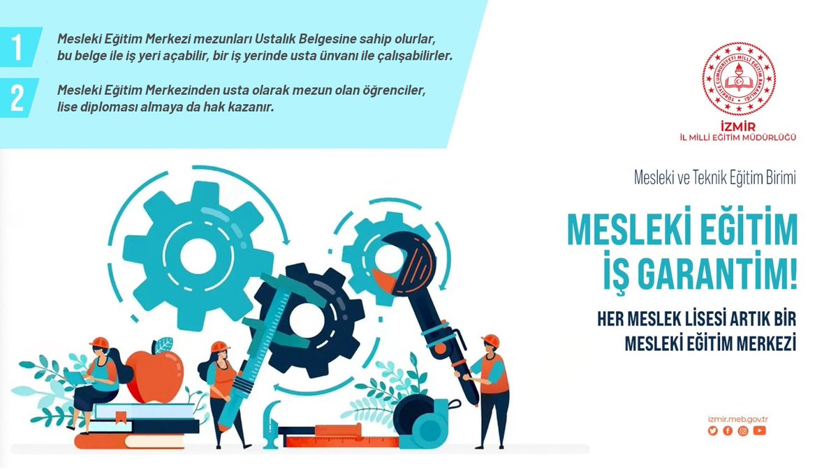 izmir_ilmem's tweet photo. HER MESLEK LİSESİ
ARTIK BİR MESLEKİ EĞİTİM MERKEZİ

Mesleki Eğitim Merkezi öğrencileri diğer örgün eğitim kurumlarında öğrencilerin faydalandığı bütün haklardan faydalanır.

@tcmeb @MucahitYentur https://t.co/6C4IBTFYv8