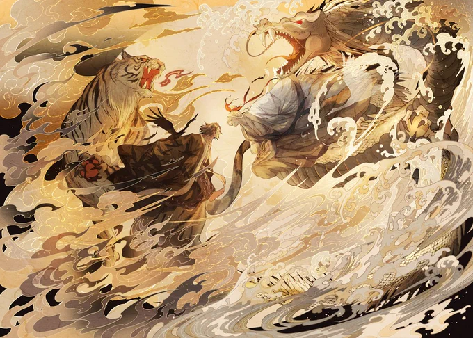 中華圏で最も代表的な三国志長編漫画
【三国志群雄伝 #火鳳燎原 】
20周年記念お祝いイラスト「郭嘉と袁方」描かせて頂きました!

作中で黒と白、カラスと鶴という鮮明な対比を持つ二人。ライバル同士・好敵手を表す『龍虎図』で表現してみました。よろしくお願いします #pixivArtistCollaboration 