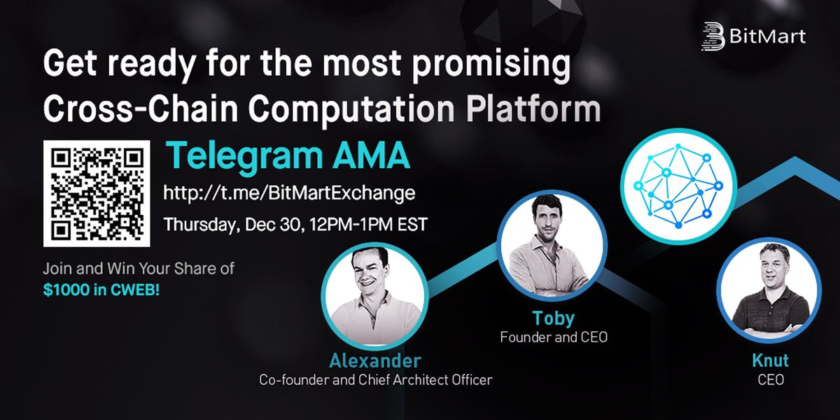 🔈Join us <a href="/CoinwebOfficial/">Coinweb.io</a> 12PM EST Dec 30 for $CWEB AMA! We are pleased to have Alexander, Toby and Knut !

1⃣ Follow <a href="/BitMartExchange/">BitMart</a> &amp; <a href="/CoinwebOfficial/">Coinweb.io</a>
2⃣ RT &amp; tag 3 frds
3⃣ Join t.me/BitMartExchange
4⃣ Fill forms.gle/ZvqdrYm8Suv62F…
 
🔥Win your share of $1000 in CWEB !