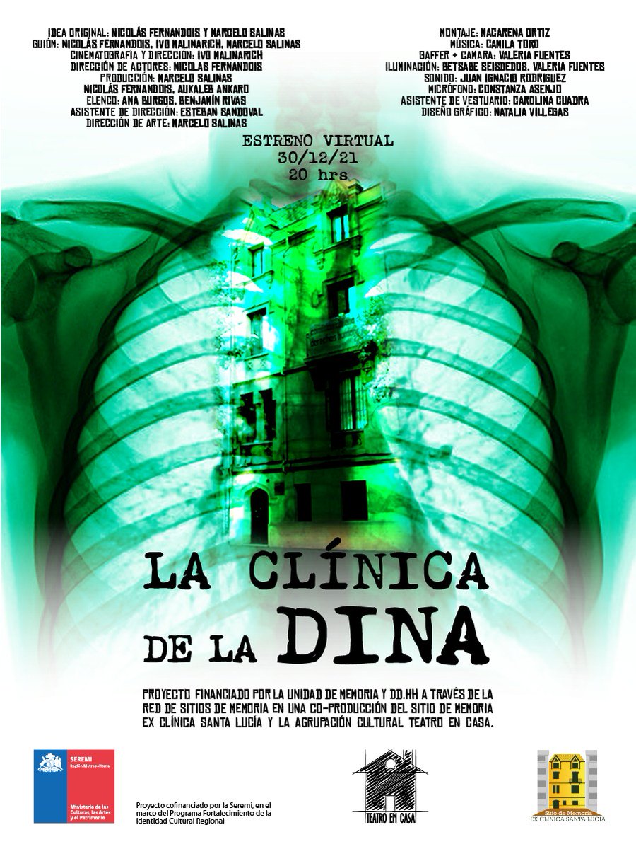 Hoy jueves (20:00h) se exhibirá el primer corte de estreno del documental “La Clínica de la DINA”. Co-producción del Sitio de memoria ex Clínica Santa Lucía y la Agrupación Cultural Teatro en Casa.

Disponible en la plataforma VIMEO de Nairafilms  vimeo.com/nairafilms