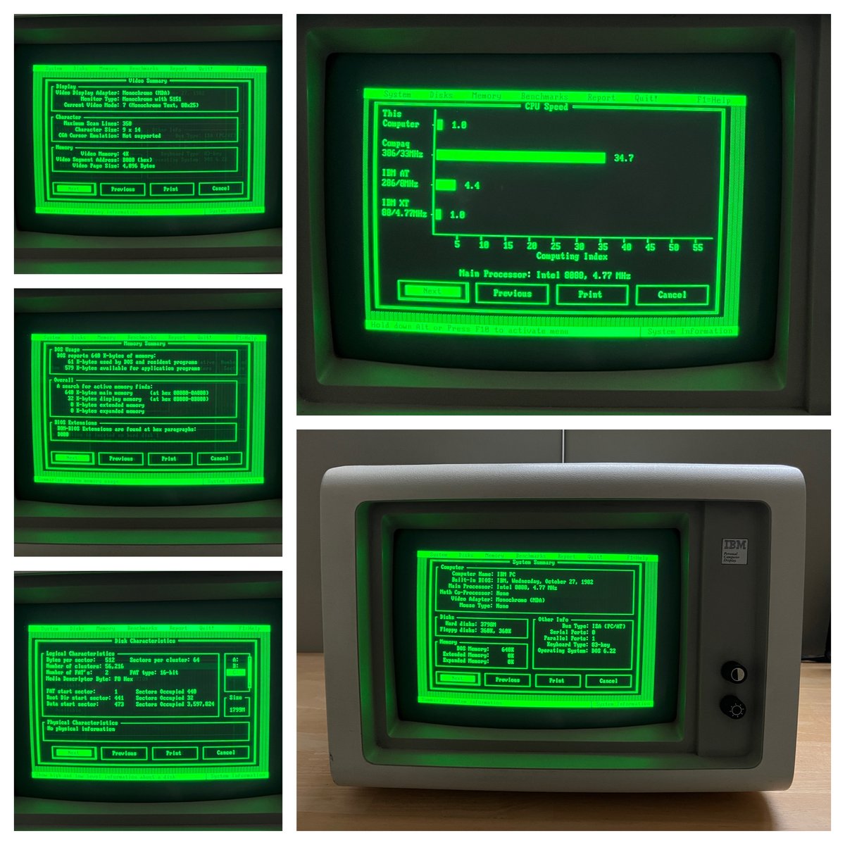 running a benchmark on my latest desktop. intel 8088, 4,7Mhz, 640kb RAM, 360kb floppies, a gorgeous green screen and a clicky model-f keyboard. It surely doesn't get any better than this :-)

#ibm #xt #benchmark #ibmxt <a href="/IBM/">IBM</a>