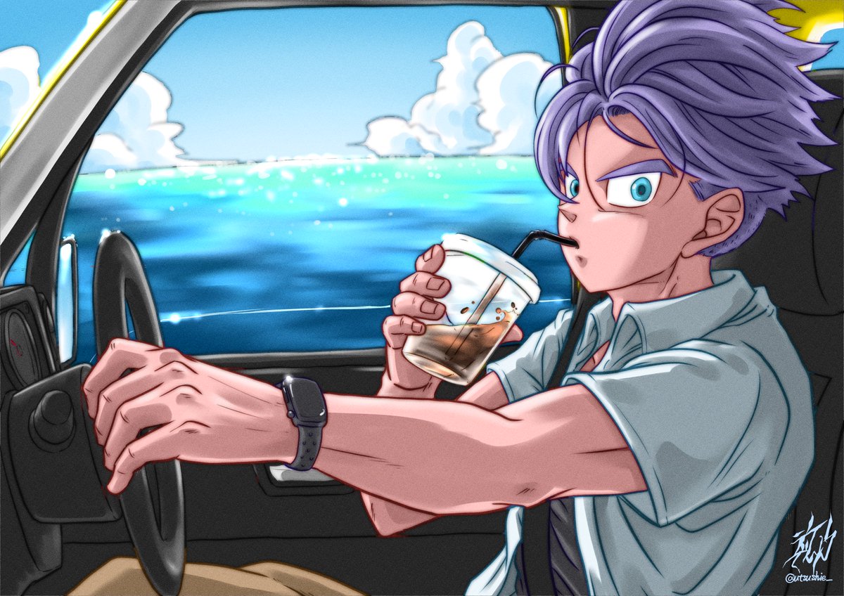 1boy male focus watch drinking straw purple hair wristwatch shirt  illustration images