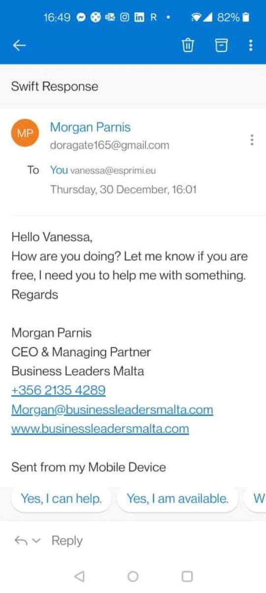 morganparnis's tweet photo. ⚠️ CAUTION. Someone just tried to impersonate me by sending an email in my name. See what happens when checking the actual email addess clearly showing it is not me. Always check actual email address. My inbox is NOT hacked because I use 2factor authentication. https://t.co/EO1FotIG3l