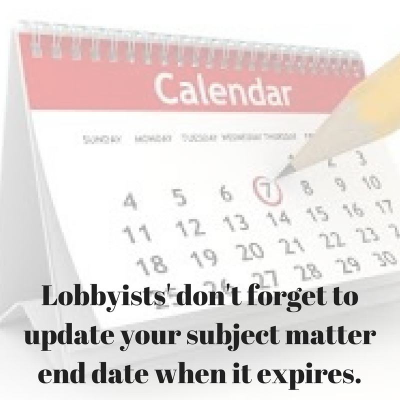 TO_LobbyistReg's tweet photo. Lobbyists! Don't forget to update your subject matter End Date when it expires: https://t.co/AIK3nxOumk
#TOLOBBYREG #CITYOFTORONTO #LOBBYING https://t.co/zafWRChRdn