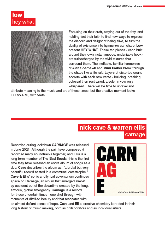 FOPPofficial's tweet image. Our penultimate #foppreport pick of 2021 is "Carnage" from Nick Cave &amp;amp; Warren Ellis and "Hey What" from @lowtheband 

#gettofopp and pick yourself up a copy today!

@subpop