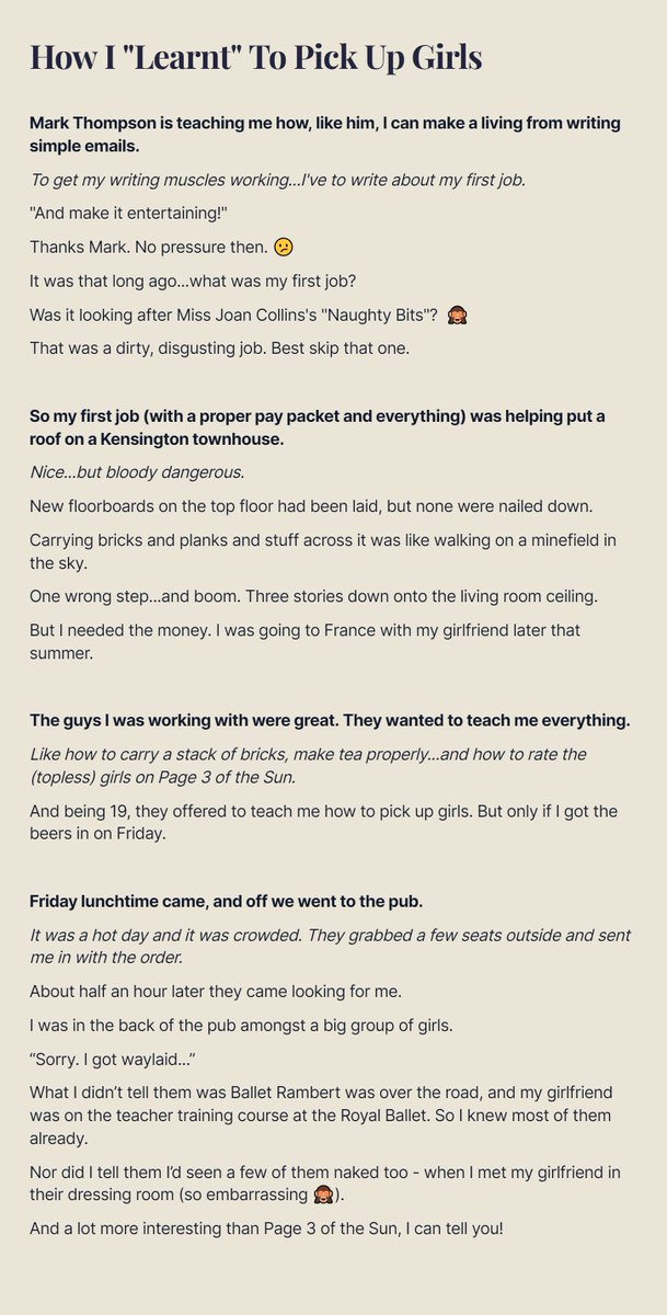 WriteToEarnOL's tweet photo. Mark Thompson @simpleisprofit is teaching me about how he makes a living writing simple emails. 

To get my writing muscles working...he's got me to write about my first job.

 "And make it entertaining!"

Thanks Mark. No pressure then. 😕

So this is what I wrote.... https://t.co/HucWy0vbGA