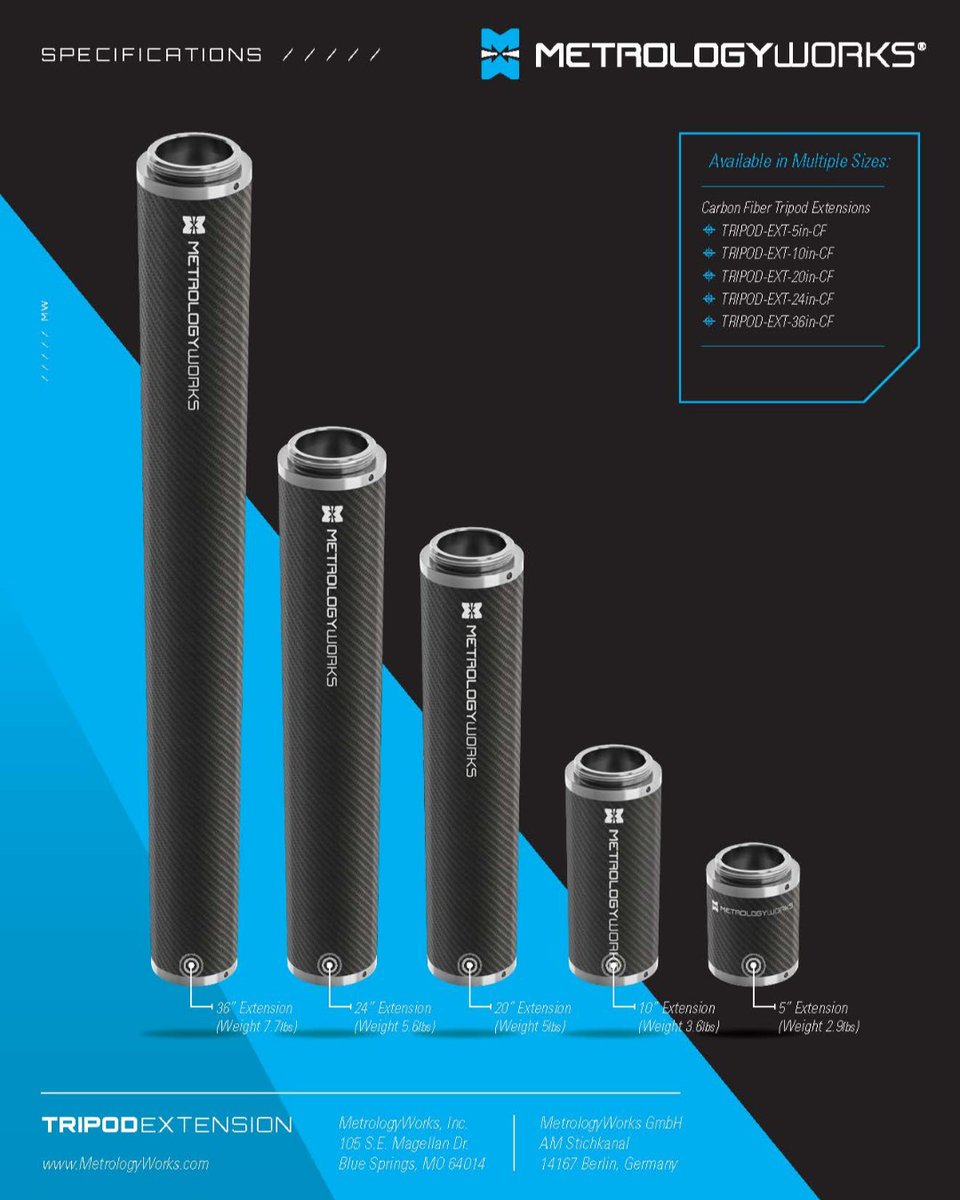 MetrologyWorks's tweet photo. Carbon Fiber Tripod Extensions are In Stock. Lengths up to 36in long. If you are tired of lugging around steel or aluminum extensions these might be the perfect fit for your application. https://t.co/WC8kIA50RJ